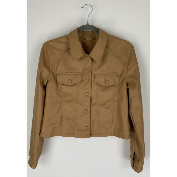 BLANK NYC Womens Brown Faux Leather Cropped Trucker Jacket Lined Size Small NWOT - Picture 2 of 10